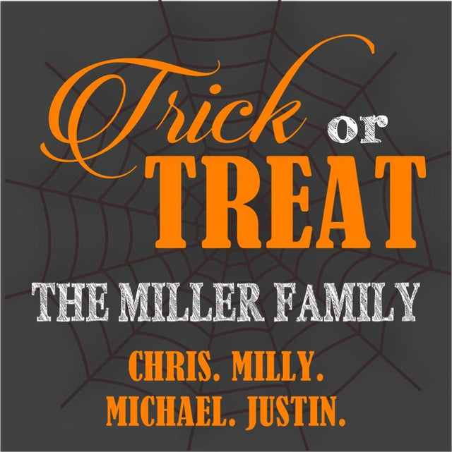 Trick or Treat Halloween sticker with bold orange lettering and spiderweb background