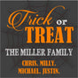 Trick or Treat Halloween sticker with bold orange lettering and spiderweb background