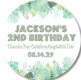 Tropical birthday sticker with watercolor green leaves