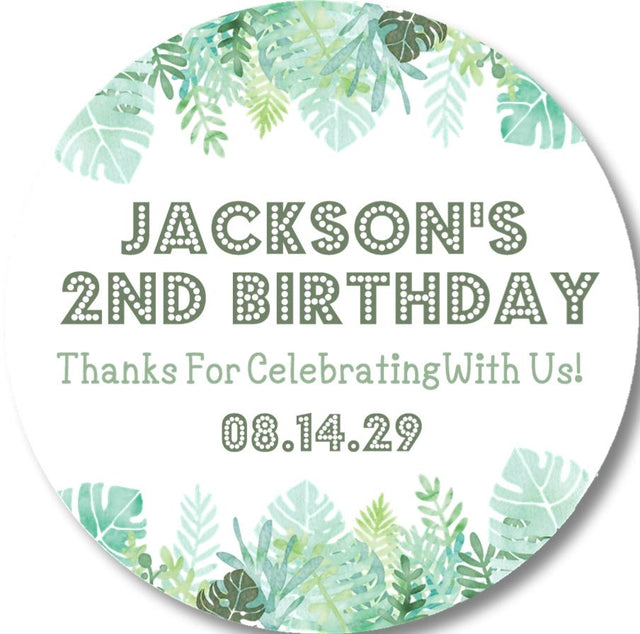 Tropical birthday sticker with watercolor green leaves