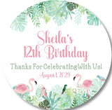Tropical flamingo birthday sticker with watercolor palm leaves