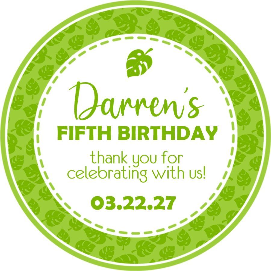 Tropical green leaf birthday sticker personalized for party favors