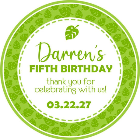 Tropical green leaf birthday sticker personalized for party favors