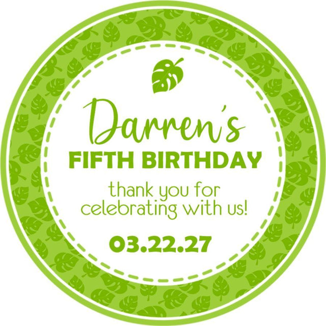 Tropical green leaf birthday sticker personalized for party favors
