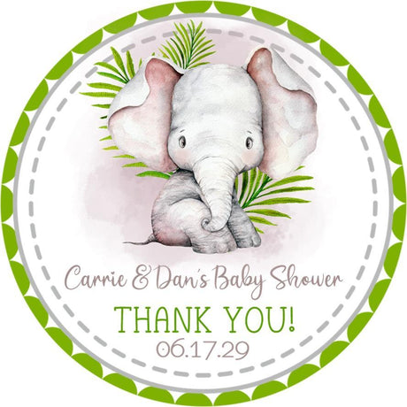 Tropical safari elephant baby shower stickers – green jungle design