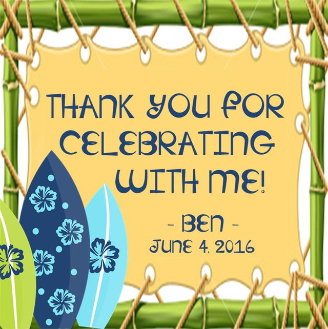 Tropical surfboard birthday sticker with bamboo frame