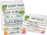 Tropical wedding invitation with hibiscus flowers and rustic whitewashed wood background