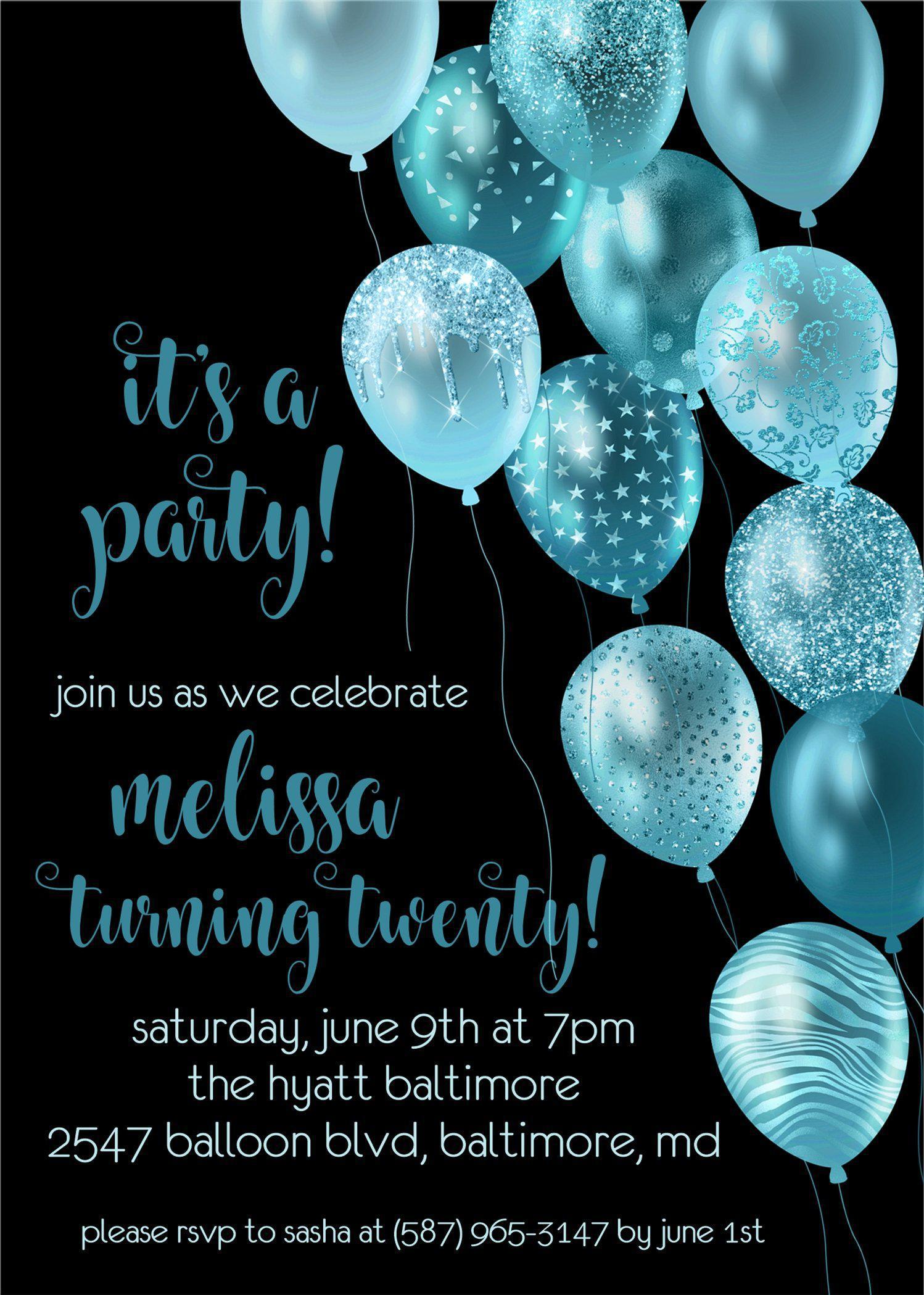Turquoise And Black Balloon Birthday Party Invitations
