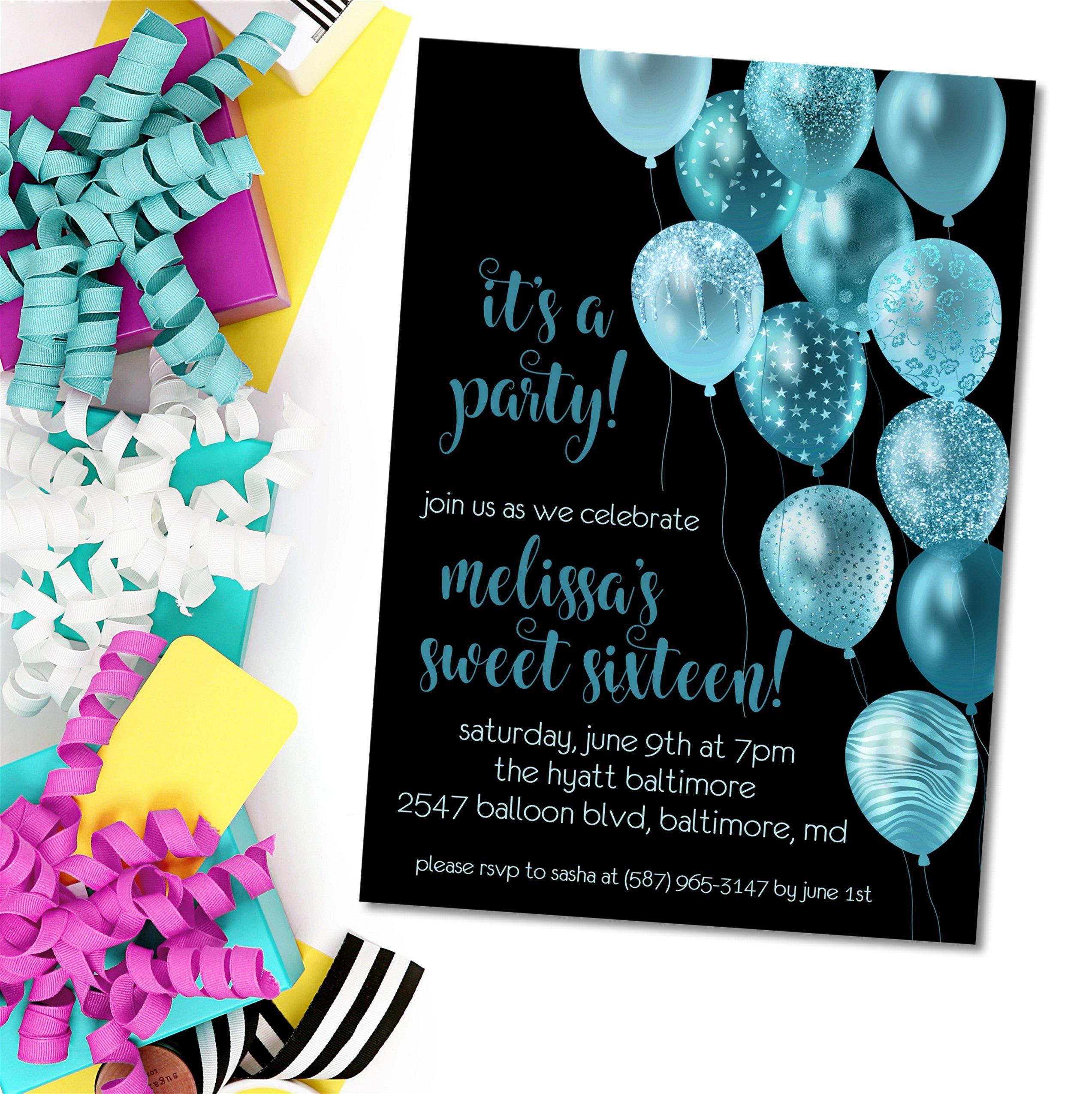 Turquoise And Black Balloon Sweet 16 Party Invitations