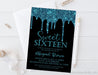 Turquoise And Black Sweet 16 Party Invitations