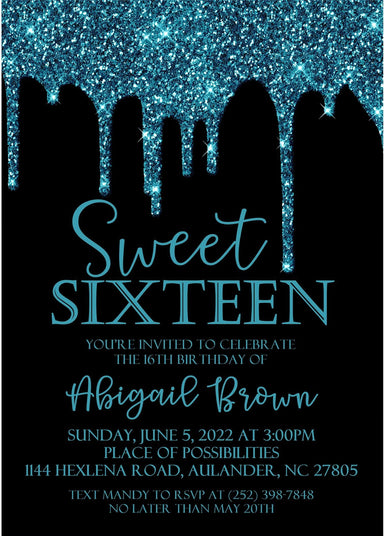 Turquoise And Black Sweet 16 Party Invitations