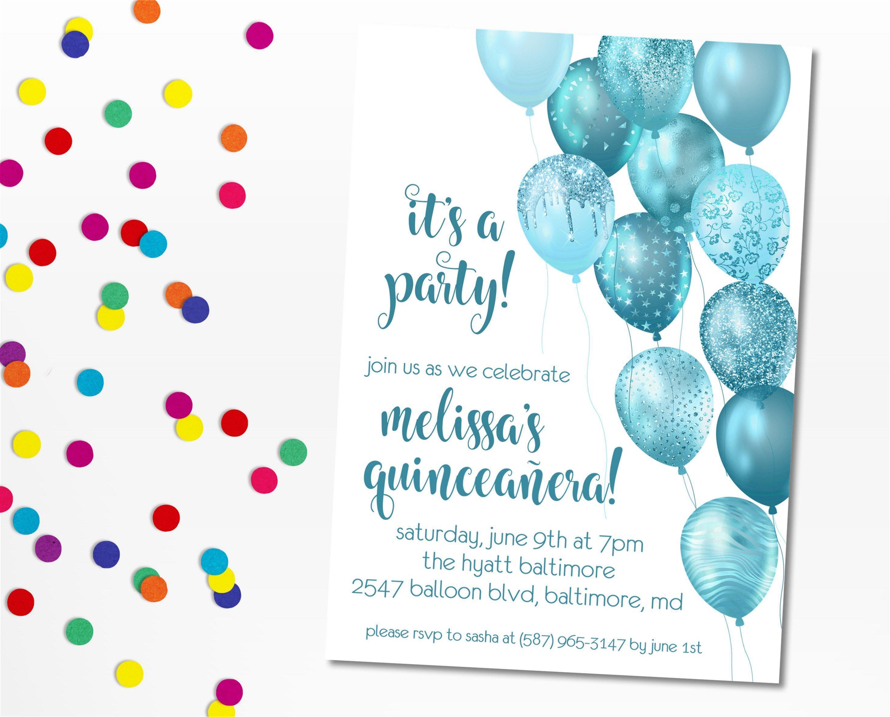 Turquoise Balloon Quinceanera Invitations