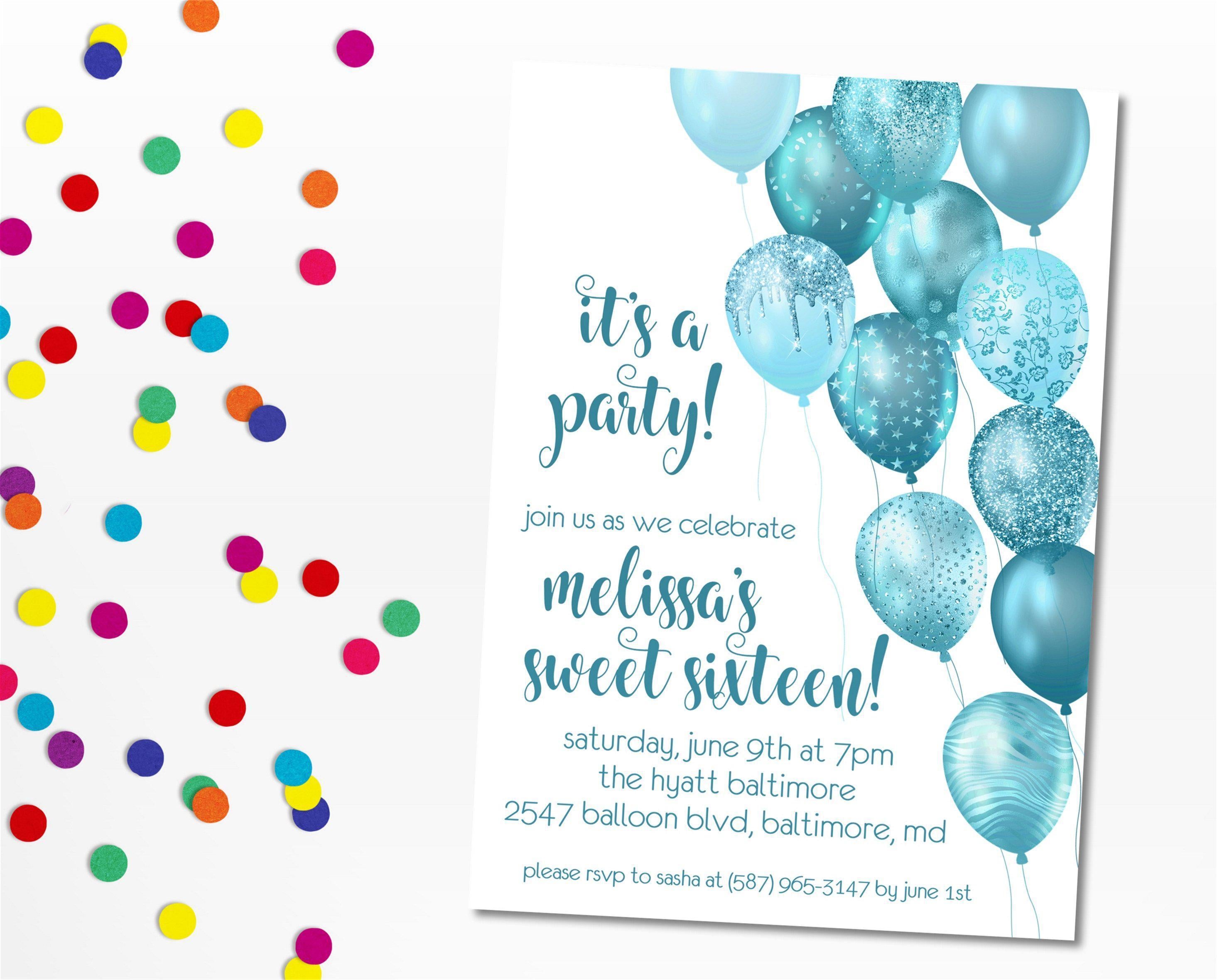 Turquoise Balloon Sweet 16 Party Invitations