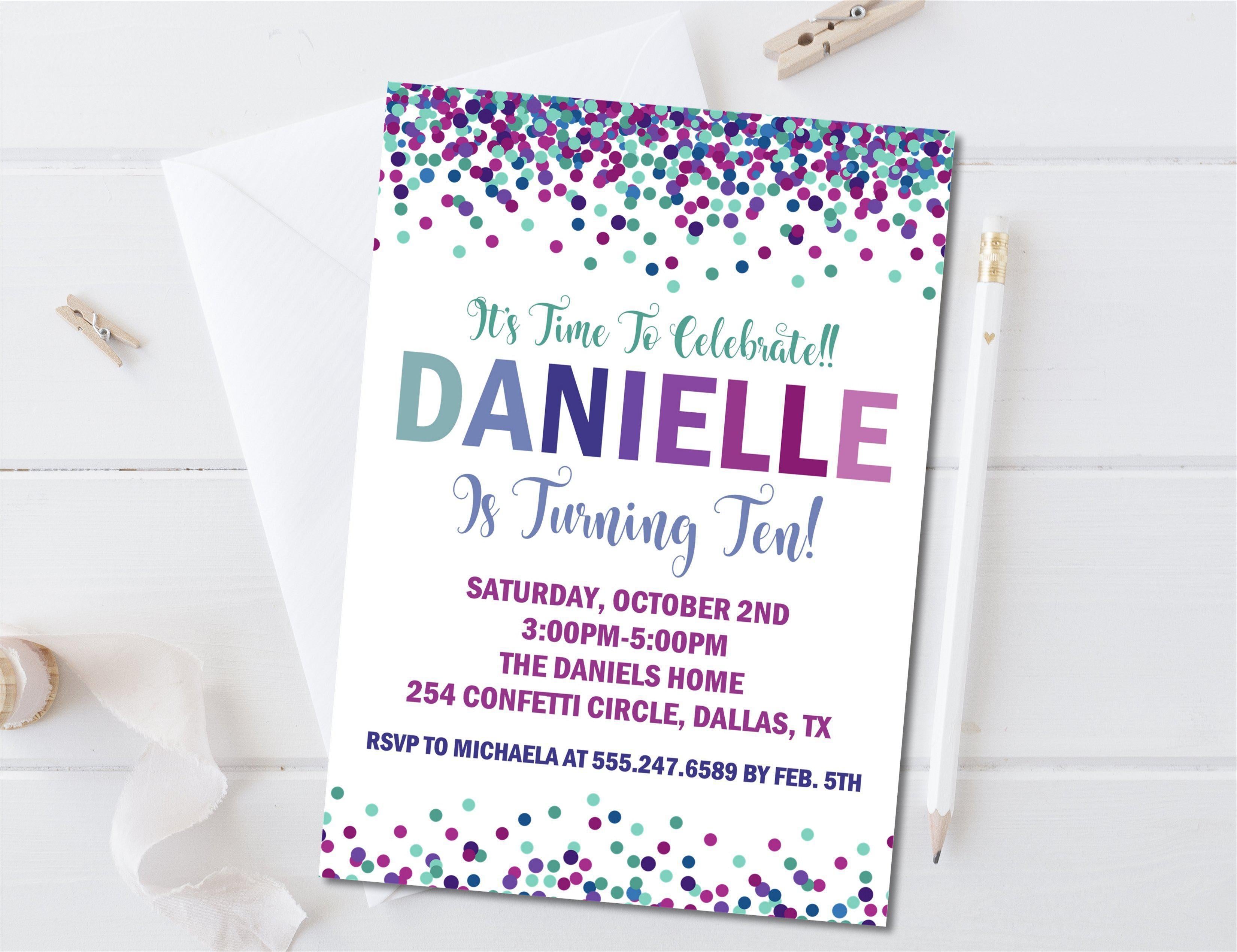 Turquoise, Blue And Purple Confetti Birthday Party Invitations