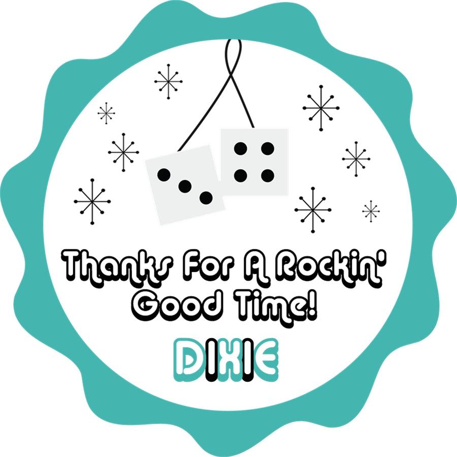 Turquoise 1950s sock hop birthday favor label