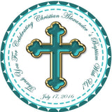 Turquoise and gold cross baptism sticker for favors