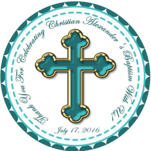 Turquoise and gold cross baptism sticker for favors