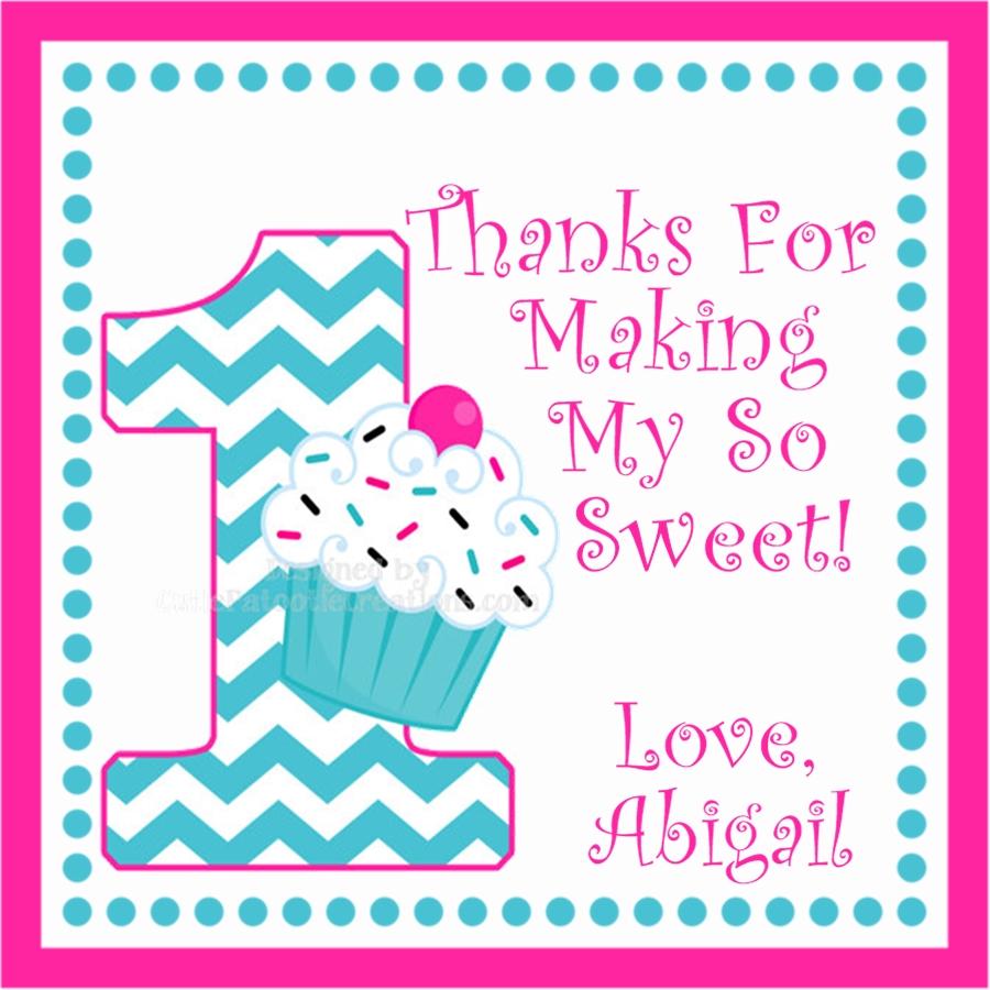 Turquoise chevron 1st birthday sticker with cupcake illustration