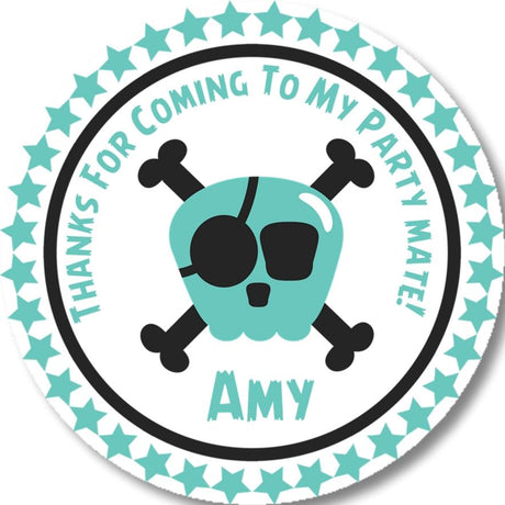 Turquoise pirate skull birthday sticker