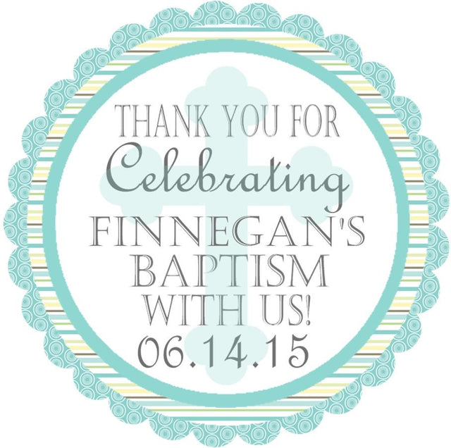 Turquoise scalloped baptism sticker with teal border and thank you wording