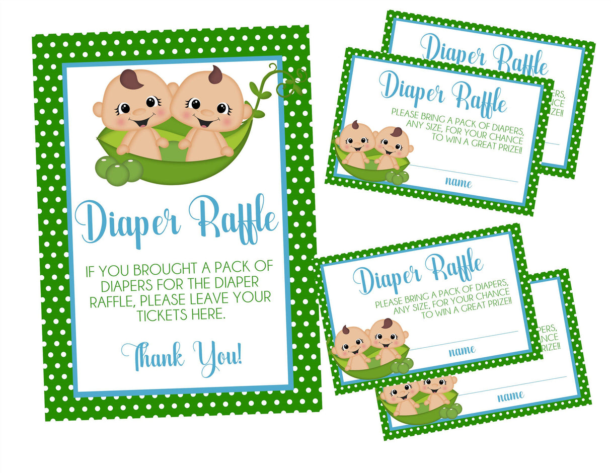 Twin Peas in a Pod Boys Baby Shower Diaper Raffle Sign and Tickets Printable PDF Download