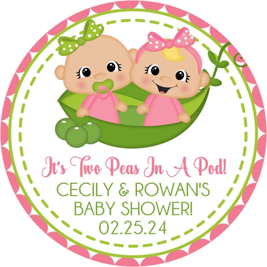 Twin baby girl pea pod sticker with pink scalloped border