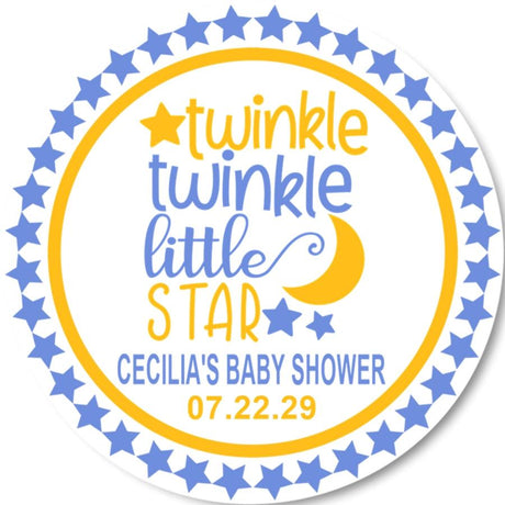 Twinkle Little Star baby shower stickers in blue and yellow.
