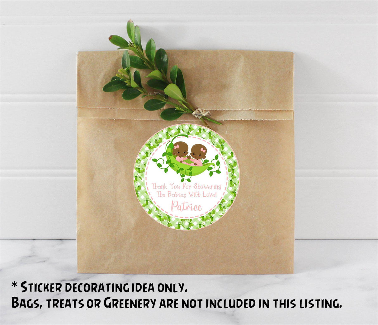 Two peas in a pod favor sticker featuring brown-skinned twin girls
