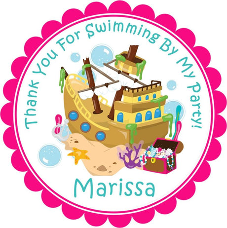 Under the sea treasure birthday sticker with pink scalloped border