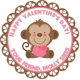 Valentine monkey holding a pink heart personalized sticker