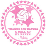Volleyball party favor label featuring volleyball graphic and customizable text