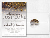 Warm gold wedding invitation with illuminated bistro lights and elegant wedding wording