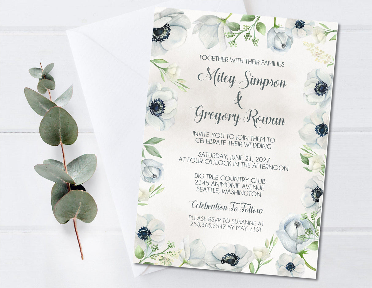 Watercolor anemone flower wedding invitation available in two coordinating floral styles