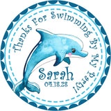 Watercolor blue dolphin birthday sticker with personalized name