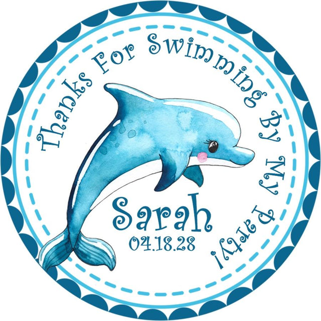 Watercolor blue dolphin birthday sticker with personalized name