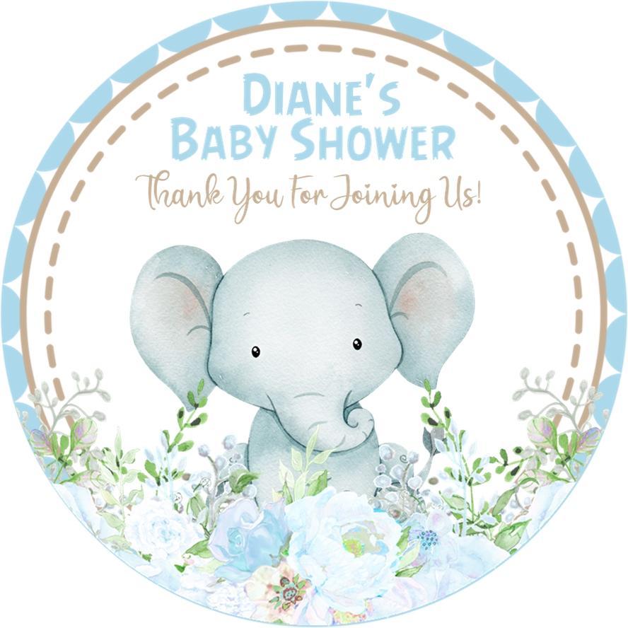Watercolor elephant baby shower stickers with flowers
