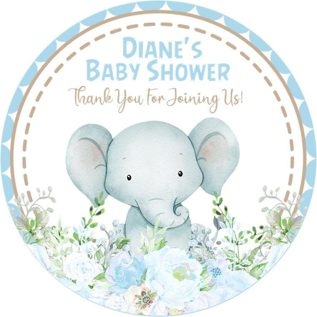 Watercolor elephant baby shower stickers with flowers