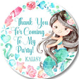 Watercolor mermaid birthday sticker with black hair and teal tail