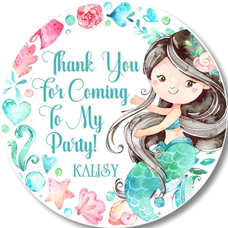 Watercolor mermaid birthday sticker with black hair and teal tail