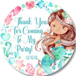 Watercolor mermaid birthday sticker with brown hair and teal tail