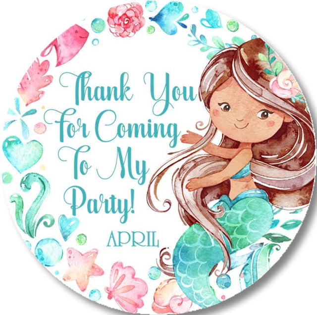 Watercolor mermaid birthday sticker with brown hair and teal tail