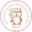Watercolor owl birthday sticker with pink floral crown and headband