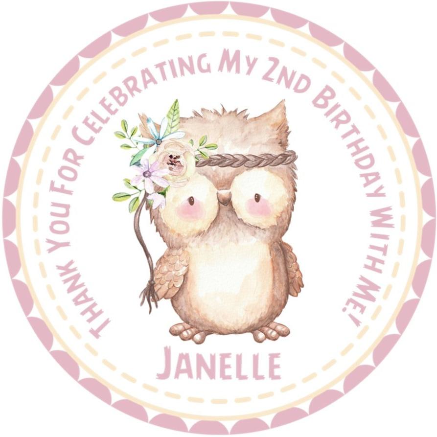 Watercolor owl birthday sticker with pink floral crown and headband