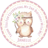 Watercolor owl birthday sticker with pink floral crown and headband