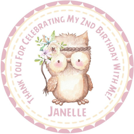 Watercolor owl birthday sticker with pink floral crown and headband