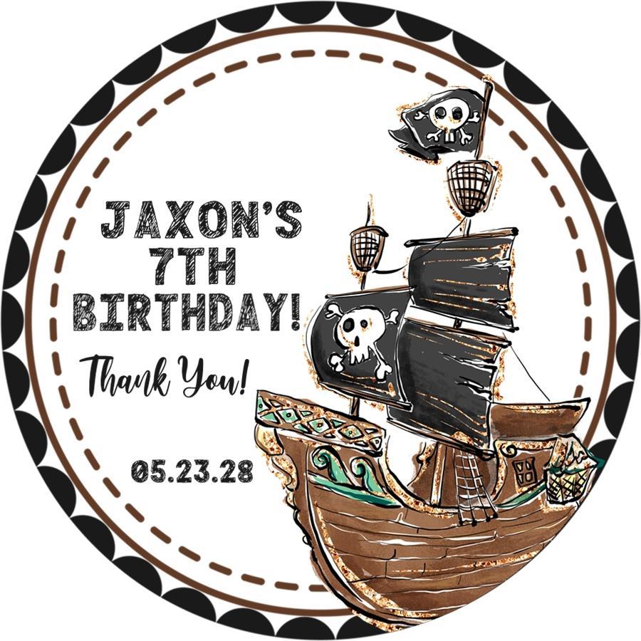 Watercolor pirate ship birthday sticker with black sails