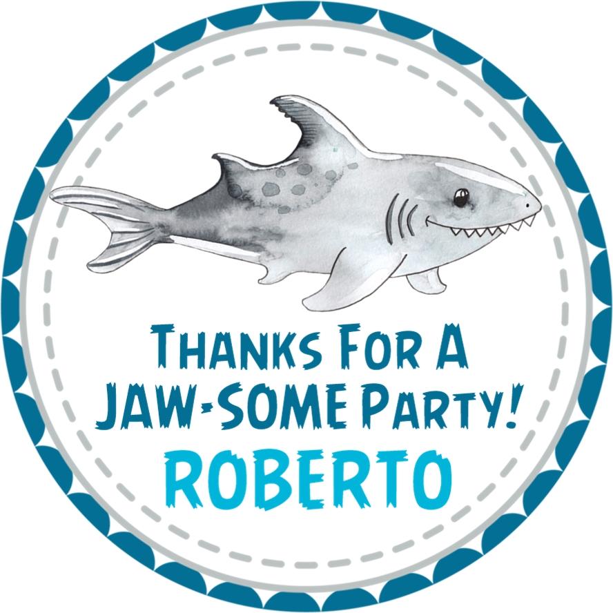 Watercolor shark birthday sticker with blue border