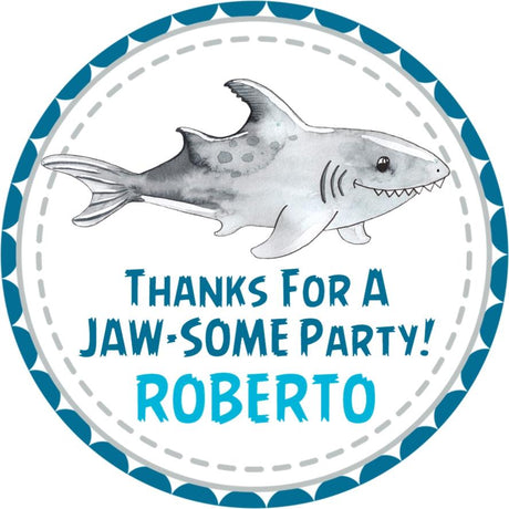 Watercolor shark birthday sticker with blue border