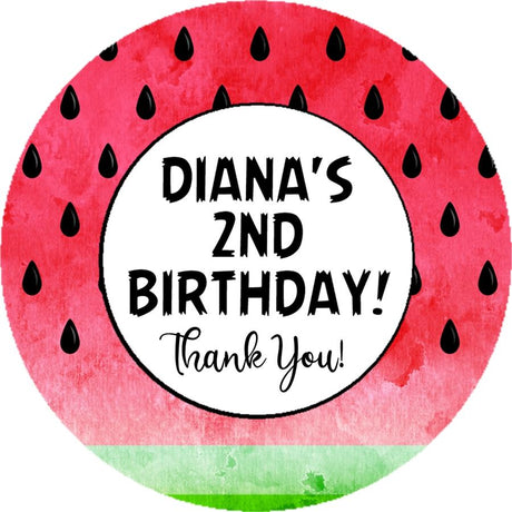 Watercolor watermelon birthday sticker with seeds and personalized name
