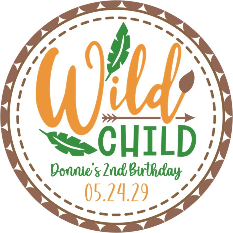 Wild Child birthday sticker with feathers